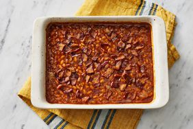 Southern Living Homemade Baked Beans in the dish after baking ready to serve