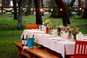 Table in backyard for party with table settings and string lights