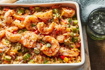 Cajun Shrimp Casserole in white baking dish - Southern Living