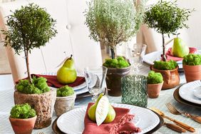 Thanksgiving Table Setting with Topiary Centerpieces and Pear Place Cards