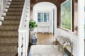 Entryway with Brown paint and cheetah print stairs