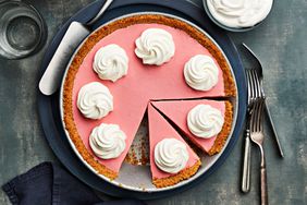 Southern Living Cranberry Chiffon Pie in the pan, sliced to serve