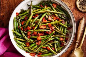 Southern Living Skillet-Charred Pole Beans with Bacon in the pan to serve