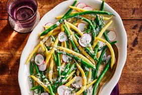 Southern Living New-Fashioned Two-Bean Salad in a bowl to serve with a glass of sparkling water 