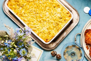 Southern Living Cheesy Savory Kugel in the baking dish ready to serve