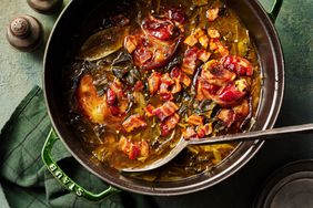 Southern Living Double Potlikker Greens in a dutch oven ready to serve