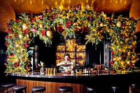 Man mixing cocktails at bar decorated for Christmas