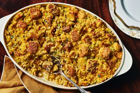 Southern Living Gluten Free Cornbread Dressing in the dish to serve with a serving spoon