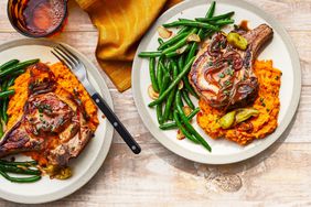 Southern Living Mississippi Style Pork Chops with mashed sweet potatoes and garlicky green beans