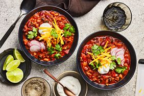 Southern Living Three-Bean Beef Chili in bowls to serve