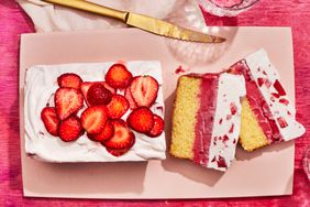 Southern Living Strawberry Shortcake Ice Cream Cake sliced and ready to serve 