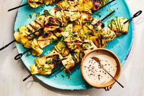 Charred Zucchini-and-Halloumi Kebabs with Lemon-Tahini Sauce