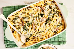 Southern Living Creamy Turkey Pasta Bake in the baking dish to serve