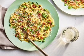 Southern Living Ham Carbonara With Peas on a plate to serve