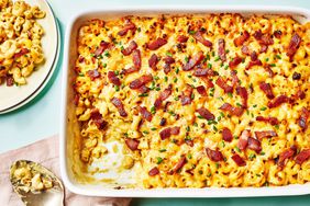 Southern Living Macaroni and Cheese with Caramelized Onions in the baking dish to serve