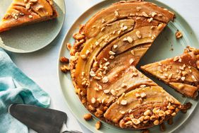 Southern Living Peanut Butter-Banana Upside-Down Cake sliced on a plate to serve