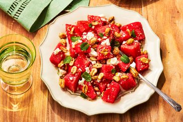 Southern Living Watermelon, Mint, Feta, And Fried Peanut Salad in a bowl to serve 