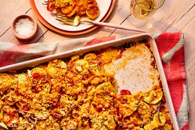 Sheet Pan Squash Casserole baked and ready to serve