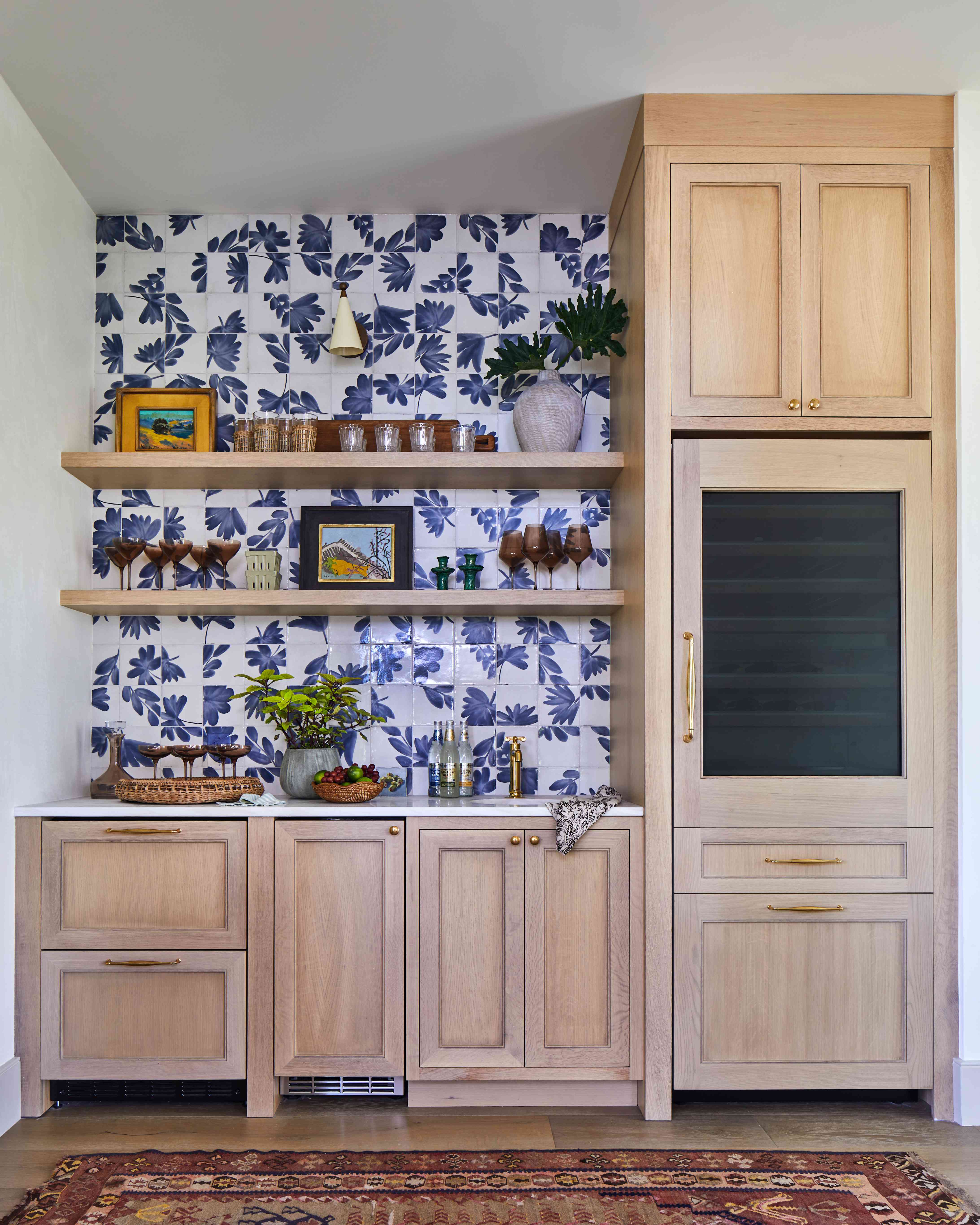 Idea House 2024 Kiawah River bar with blue and white tile backsplash