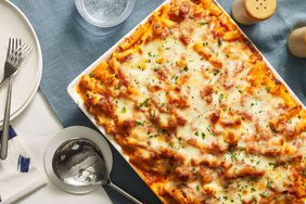 Southern Living Baked Ziti in the baking dish ready to serve