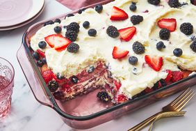 Southern Living Berry Tiramisu in a casserole dish to serve with a slice cut out