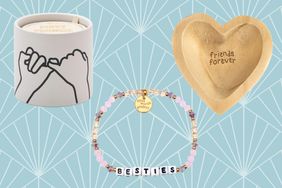 Collage of three friend gifts we recommend on a blue art deco patterned background