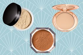 collage of three setting powders we recommend on a blue, patterned background