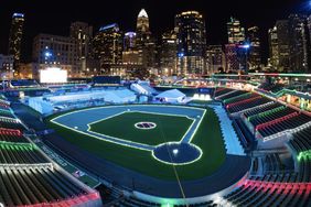 Truist Field lit up with Christmas lights in Charlotte, NC