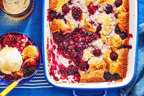 Southern Living Blackberry Cobbler ready to serve with ice cream