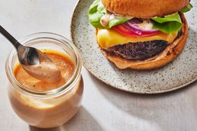 Southern Living Burger Sauce in the jar and on a burger to serve