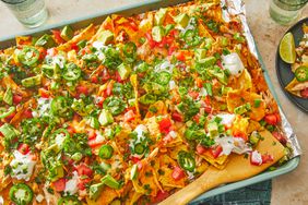 Southern Living Chicken Nachos on the pan ready to serve