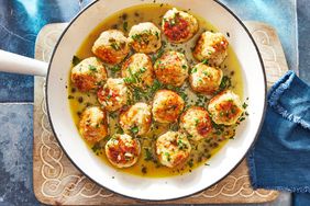 Southern Living Chicken Piccata Meatballs in the skillet to serve