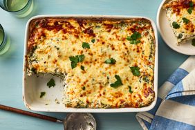 Southern Living Chicken Alfredo Lasagna in the pan to serve