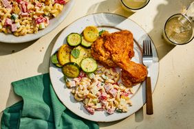 Southern Living Classic Macaroni Salad with Ham on a plate to serve with chicken and squash