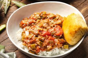 Classic Okra and Tomatoes in bowls overhead