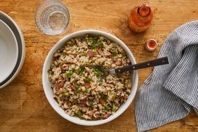 Southern Living Classic Hoppin John in a bowl to serve with hot sauce on the side