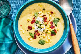 Southern Living Sweet and Spicy Corn Soup with toppings