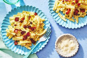 Southern Living Creamed Corn Pasta on plates to serve 