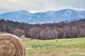 Rugged Appalachian Peaks with Snow and Hay Bale Field in Foreground