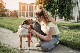 Young woman playing with dog at animal shelter