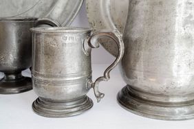 Vintage pewter mug and other dishware