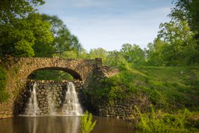 Stone Bridge and Waterfall in Reynolda Gardens in Winston-Salem, NC