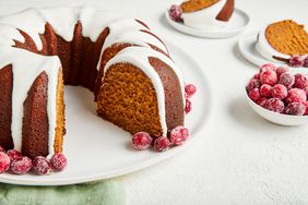 Southern Living Gingerbread Bundt Cake on a cake plate ready to serve