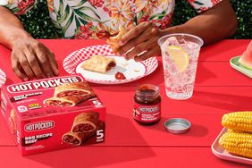 Hot Pockets BBQ Recipe Beef on a picnic table next to pocket-sized BBQ sauce