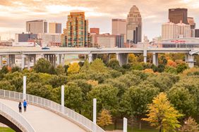 Big Four Bridge and Waterfront Park Louisville with a beautiful skyline