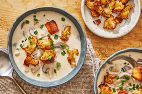 Southern Living Mushroom Soup in bowls ready to serve with croutons on top