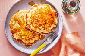 Southern Living Oatmeal Pancakes on a plate to serve topped with syrup