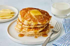 Southern Living Old Fashioned Pancakes on a plate to serve with butter and maple syrup