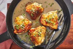 Pan-Fried Chicken Thighs in a cast iron skillet