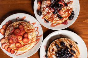 Pancakes with fruit toppings at Flapjack's Pancake Cabin